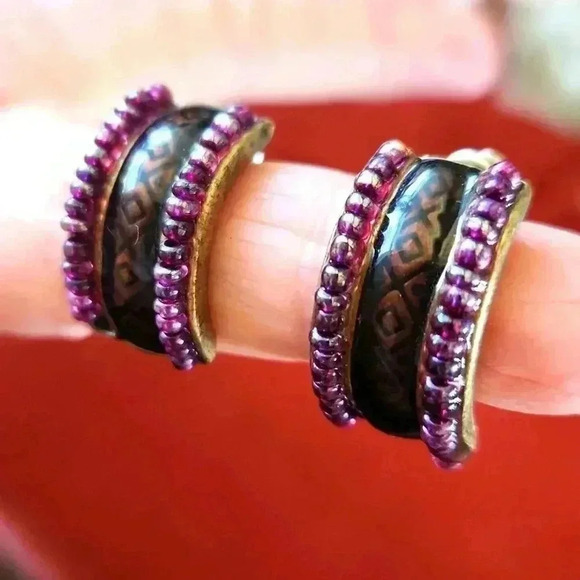 Coldwater Creek Half Hoop Beaded Aztec Pattern Earrings - Picture 1 of 8